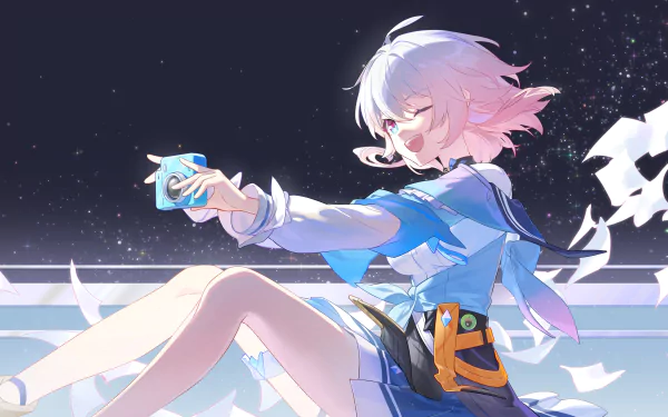 March 7th from Honkai: Star Rail depicted in a vibrant 4K Ultra HD video game wallpaper, highlighting the character against a starry night background.