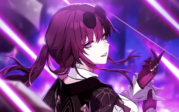 HD desktop wallpaper of Kafka from Honkai: Star Rail, featuring a stylized anime character in a dynamic purple themed background.