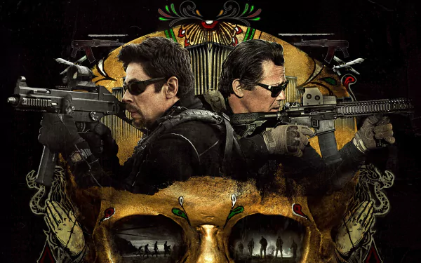 Sicario: Day of the Soldado 4K Ultra HD PC desktop wallpaper/background — two armed men back-to-back above a decorative Day-of-the-Dead skull, with silhouetted figures and desert landscape.