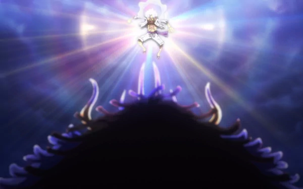 HD anime wallpaper depicting One Piece’s Monkey D. Luffy in Gear 5 form facing off against Kaido in an intense, radiant battle scene.