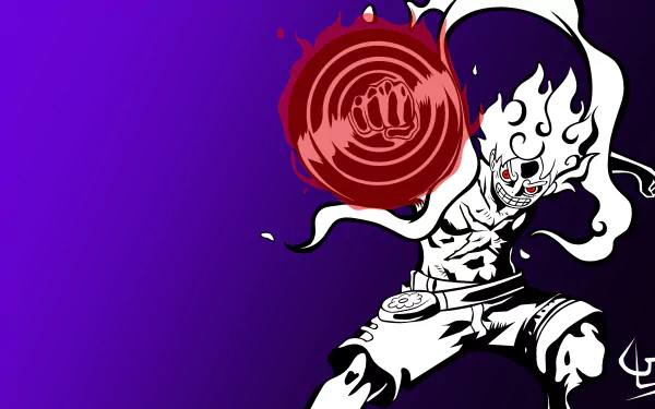 Illustration of Monkey D. Luffy in Gear 5 transformation from One Piece, depicted as an HD desktop wallpaper.