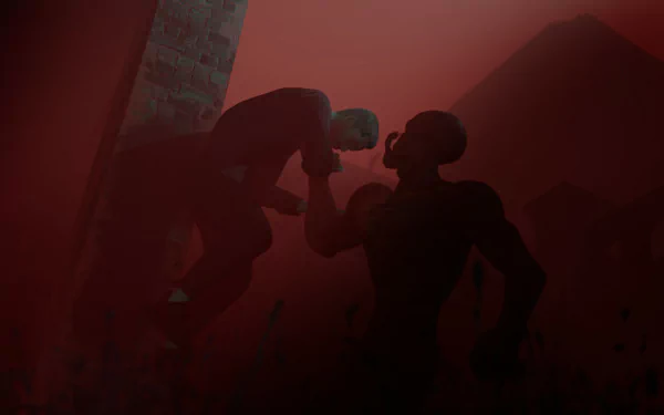 Silhouette of two figures in a confrontation against a red misty backdrop, Deceit 2 themed HD desktop wallpaper and background.