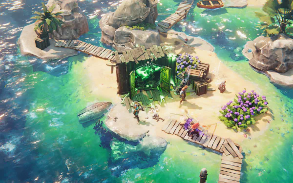 HD wallpaper featuring Shadow Gambit: The Cursed Crew game with a vibrant depiction of a wooden sea outpost and mysterious green crystal.