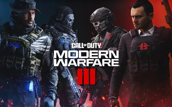 HD wallpaper of Call of Duty: Modern Warfare III featuring four characters in combat gear against a dark, vibrant backdrop.