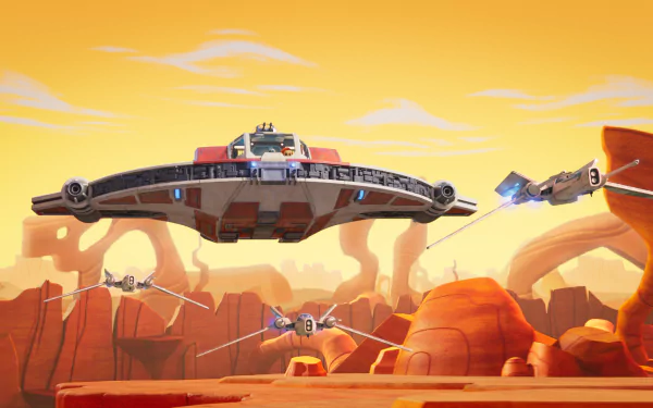 HD wallpaper of Star Wars: Young Jedi Adventures with ships flying over a desert landscape.
