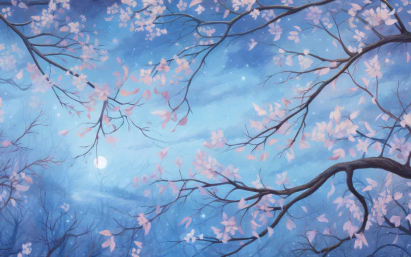 HD desktop wallpaper depicting a blue-toned artistic night scene with delicate branches adorned in blossoms under a starlit sky.