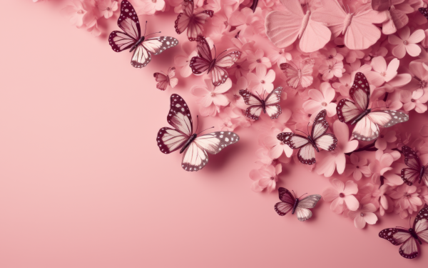 HD desktop wallpaper featuring pink aesthetic flowers and butterflies with a pastel pink background.