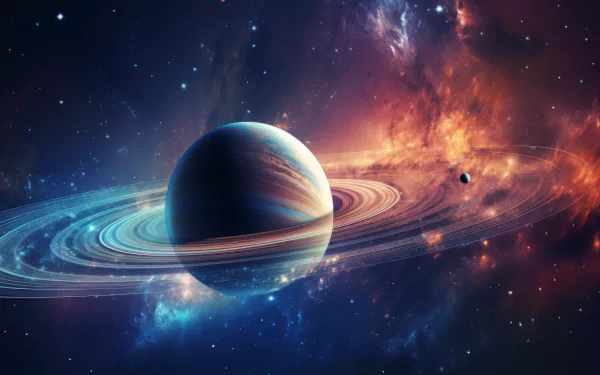 High-definition desktop wallpaper featuring an artistic depiction of the planet Saturn with detailed rings against a vibrant cosmic background.