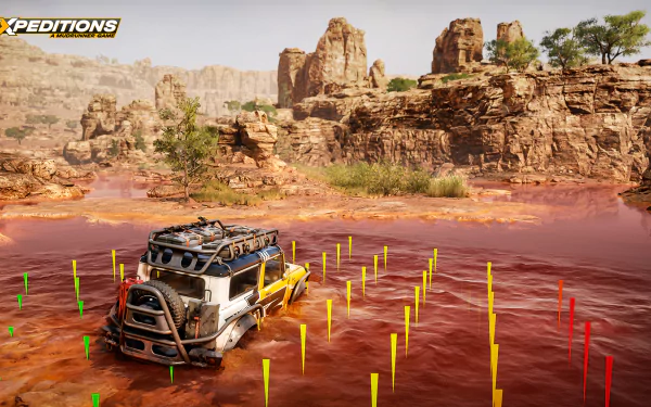 HD wallpaper of Expeditions: A MudRunner Game featuring a rugged off-road vehicle crossing a muddy river with rocky desert cliffs in the background.