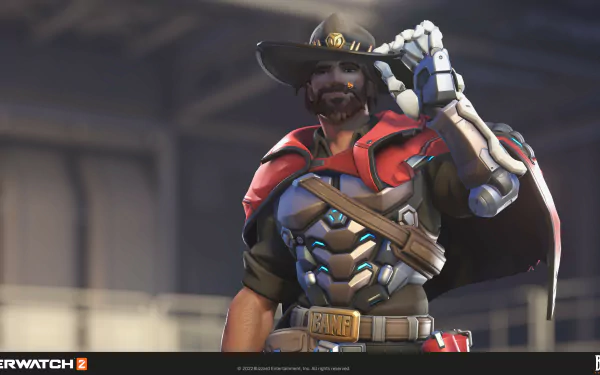 HD desktop wallpaper featuring the character Cassidy from Overwatch 2, posing in his iconic cowboy attire with a futuristic revolver, set against an industrial backdrop.