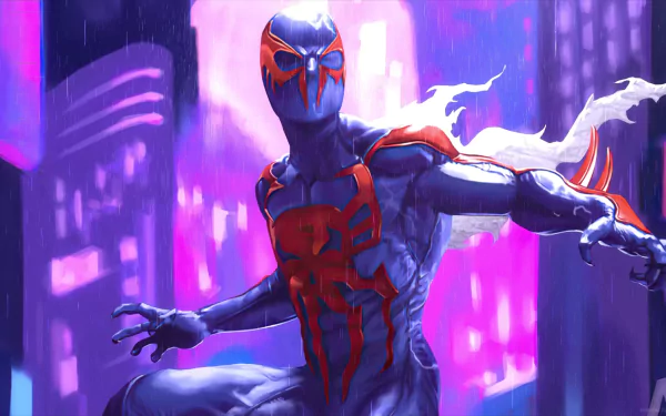 HD desktop wallpaper featuring Miguel O'Hara, also known as Spider-Man 2099, in an action pose from the movie Spider-Man: Across the Spider-Verse.