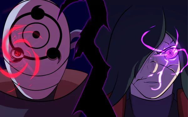 4K Ultra HD Naruto anime wallpaper featuring Obito Uchiha and Madara Uchiha with intense glowing eyes and dark, dramatic background for PC desktop.