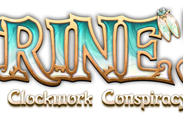 HD desktop wallpaper featuring the logo for Trine 5: A Clockwork Conspiracy with ornate gold and turquoise lettering and a mechanical gear detail.