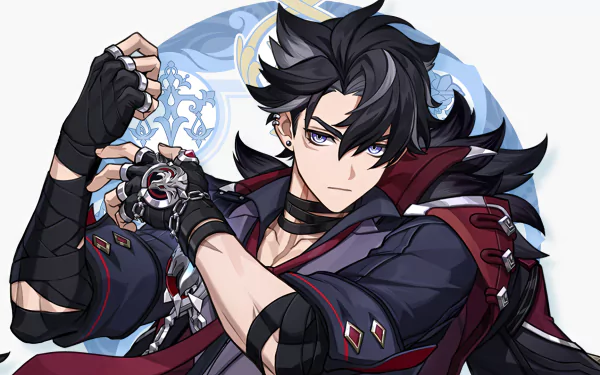 HD desktop wallpaper of Wriothesley from Genshin Impact, depicted with black hair and hydro powers, in a stylish combat pose.