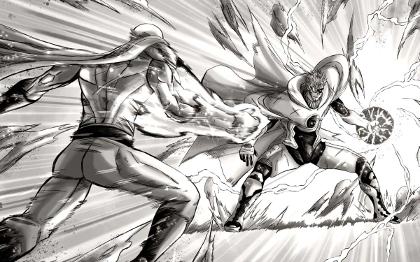 HD desktop wallpaper featuring Saitama and Blast from One-Punch Man in dynamic manga-style artwork.
