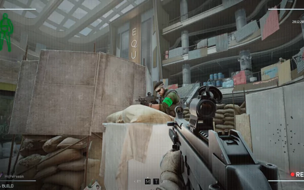 HD desktop wallpaper featuring a first-person view from within the game Escape from Tarkov: Arena, showing a player aiming at an opponent in an intense combat scenario inside an industrial environment.