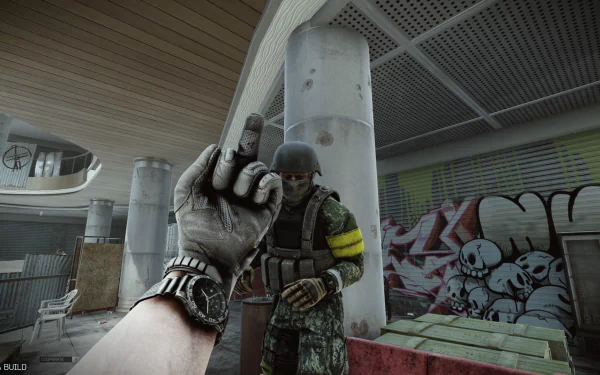 HD desktop wallpaper of Escape from Tarkov: Arena showing a first-person view of a player character gesturing in a gritty urban setting with another character in tactical gear.