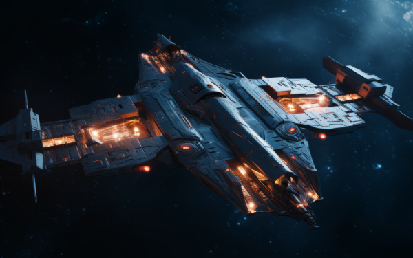 HD desktop wallpaper featuring a detailed spaceship with glowing engines, set against a starry space background for a dynamic and futuristic look.