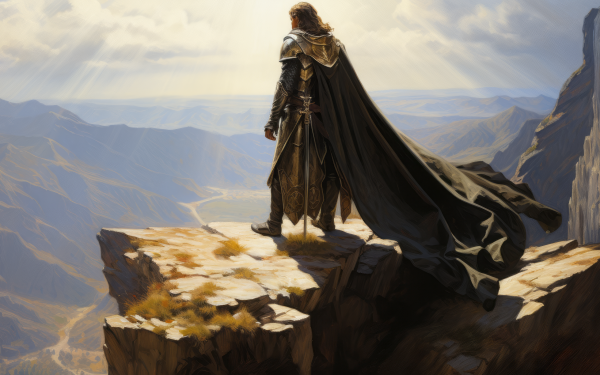 Medieval knight in armor standing on a mountain edge, HD desktop wallpaper with scenic backdrop.