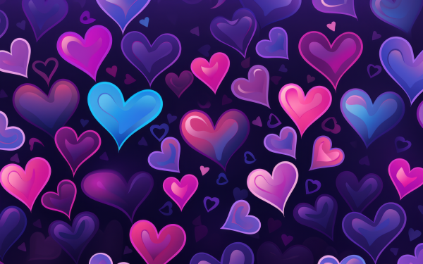 HD Y2K-themed desktop wallpaper featuring a vibrant pattern of stylized hearts in shades of purple, pink, and blue.