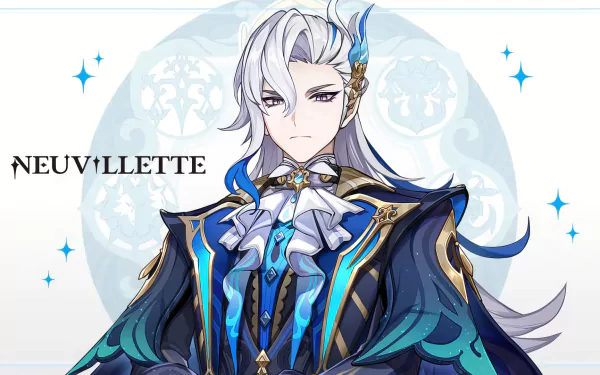 HD desktop wallpaper of Neuvillette from Genshin Impact, featuring a detailed portrait with a blue and white outfit set against a light, ornate backdrop.