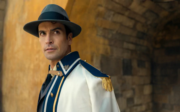HD wallpaper featuring a character dressed in a navy and white uniform with golden epaulettes and a matching hat from the live-action adaptation of One Piece.