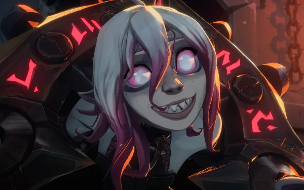 HD desktop wallpaper of Briar from League of Legends, featuring a close-up of her grinning face with glowing eyes and a dark, mechanized suit.