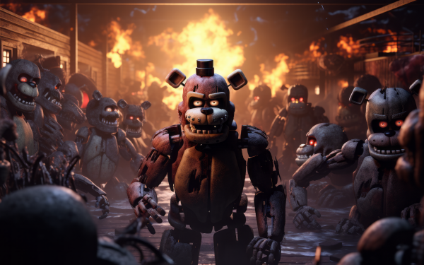 HD desktop wallpaper featuring Five Nights at Freddy's animatronics with a fiery backdrop.