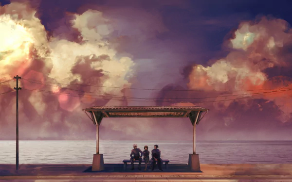 HD desktop wallpaper featuring Satoru Gojo, Shoko Ieiri, and Suguru Geto from the anime Jujutsu Kaisen, sitting under a shelter by the ocean at sunset with dramatic, colorful clouds overhead.