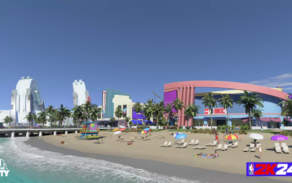 HD desktop wallpaper featuring NBA 2K24 with a vibrant beachside setting, showcasing a virtual seaside cityscape with buildings and beachgoers.