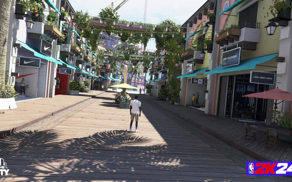 A vibrant HD desktop wallpaper from NBA 2K24, showcasing a lively street scene with shops and greenery, capturing the essence of the game's virtual world.