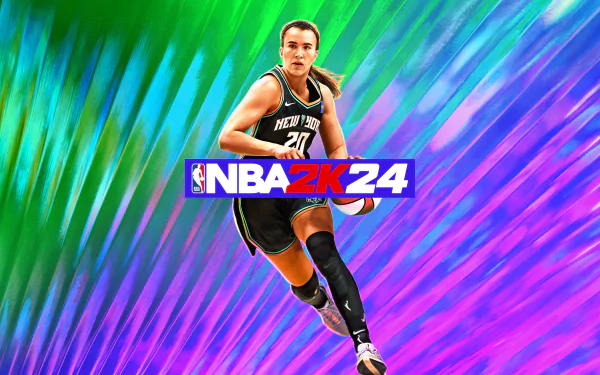 NBA 2K24 basketball video game HD desktop wallpaper featuring a dynamic player with a vibrant abstract background.