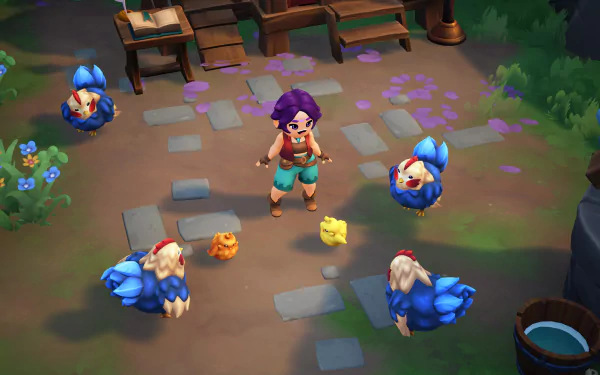 HD desktop wallpaper of Fae Farm featuring a vibrant animated character with colorful animals on a whimsical farmstead background.