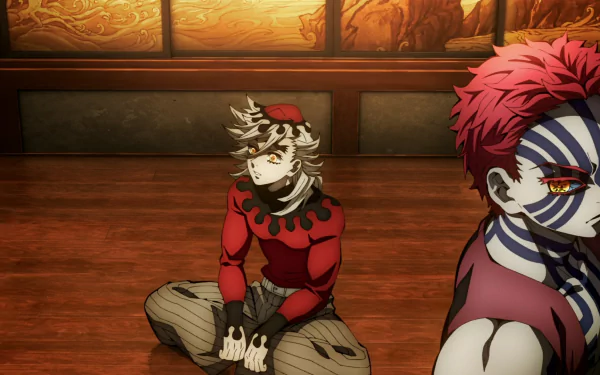 HD PC desktop wallpaper featuring anime characters from Demon Slayer: Kimetsu no Yaiba in a dimly lit traditional room, highlighting detailed costumes and expressions.