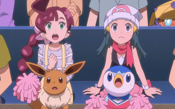 HD wallpaper from Pokémon Ultimate Journeys with Chloe, Eevee, Dawn, and Piplup, expressing surprise at an event.