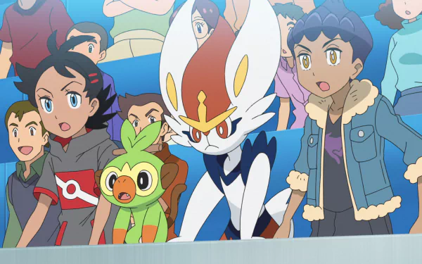 A high-definition wallpaper from Pokémon Ultimate Journeys: The Series, featuring Goh, his Pokémon, and friends watching an exciting battle in the crowd.