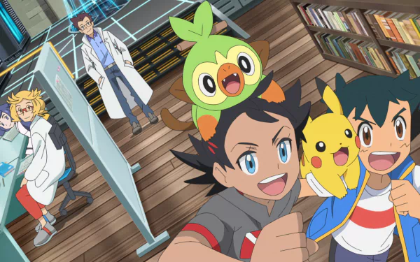 HD wallpaper featuring characters from Pokémon Ultimate Journeys: The Series with excited Ash, Pikachu, and Grookey in a lab setting.
