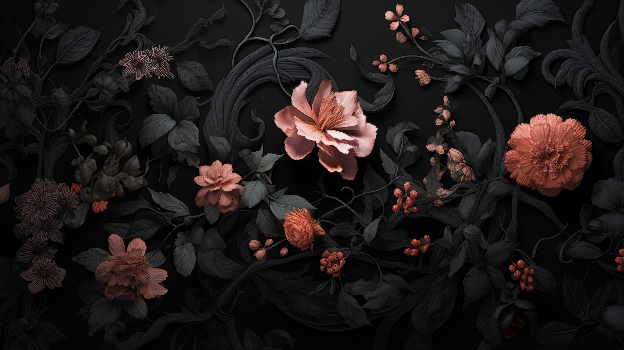 Elegant HD wallpaper featuring an assortment of flowers in a black aesthetic design, ideal for a sophisticated desktop background.