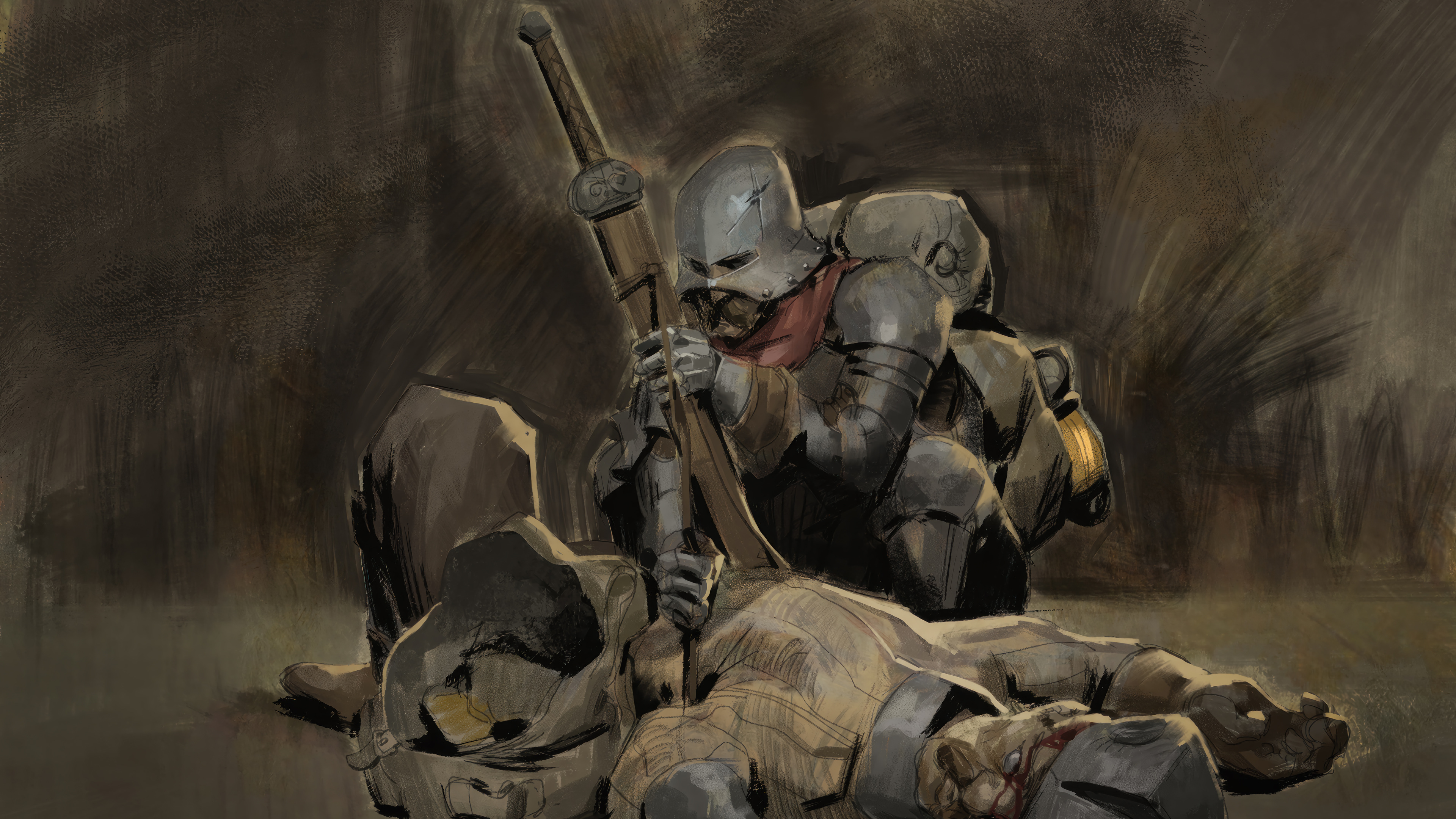 Dark and Darker themed HD desktop wallpaper featuring a warrior in armor kneeling over a fallen comrade in a shadowy battlefield setting.