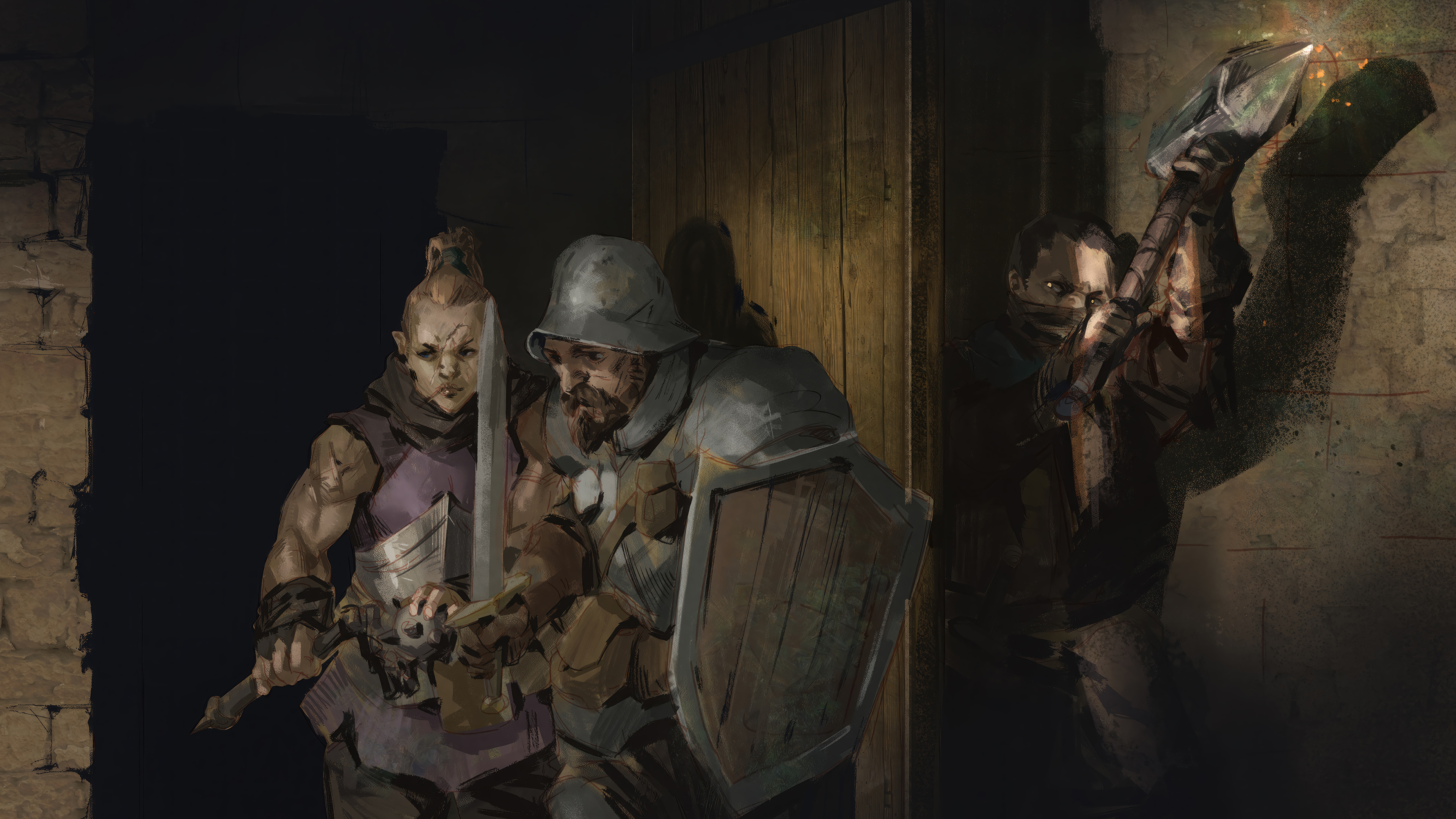 HD desktop wallpaper featuring fantasy characters from the game 'Dark and Darker' poised for battle in a dimly lit corridor, perfect for a dark-themed background.