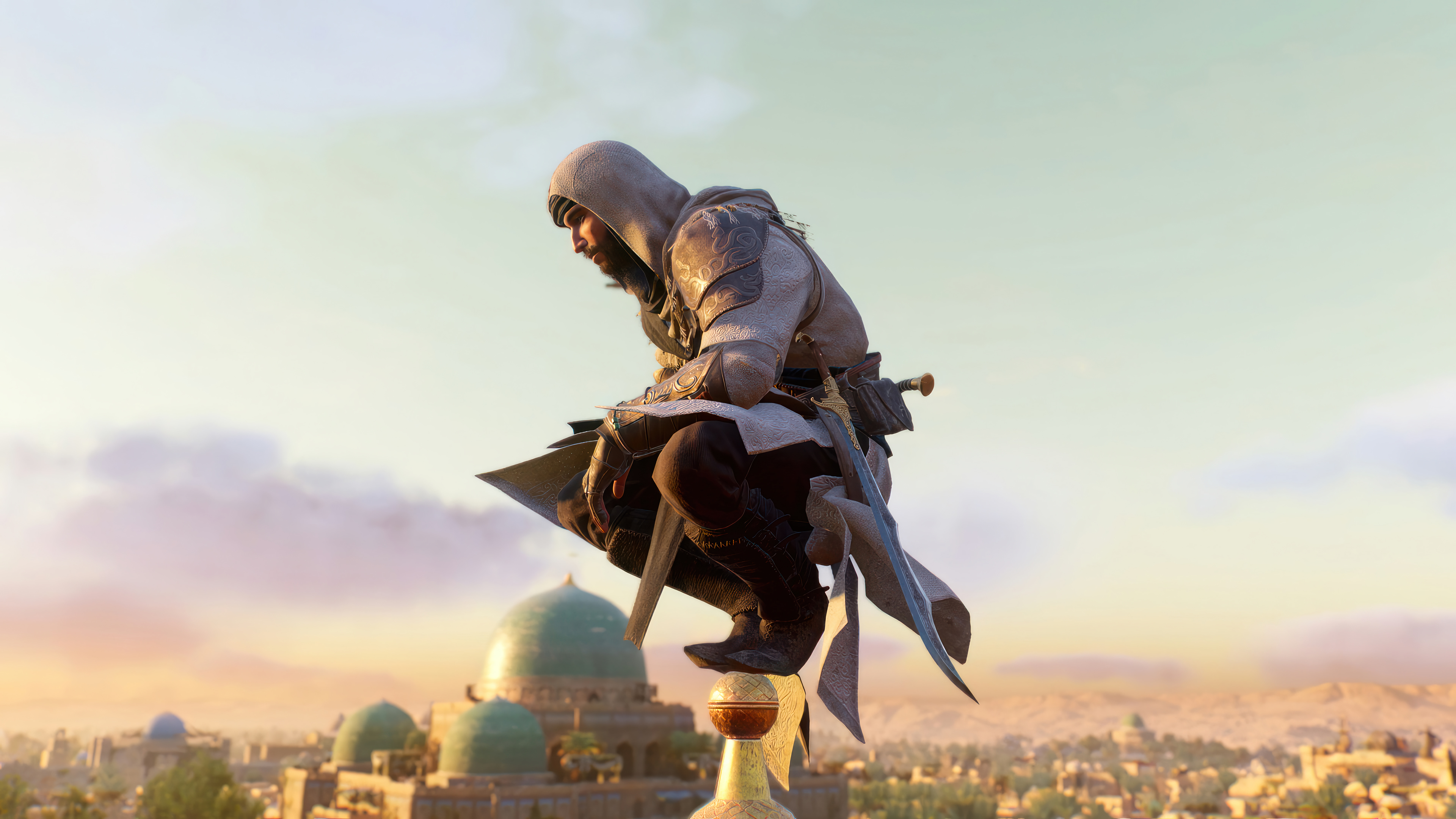 Assassin's Creed Mirage character perched on a rooftop overlooking a historic cityscape at dawn, HD wallpaper for desktop background.