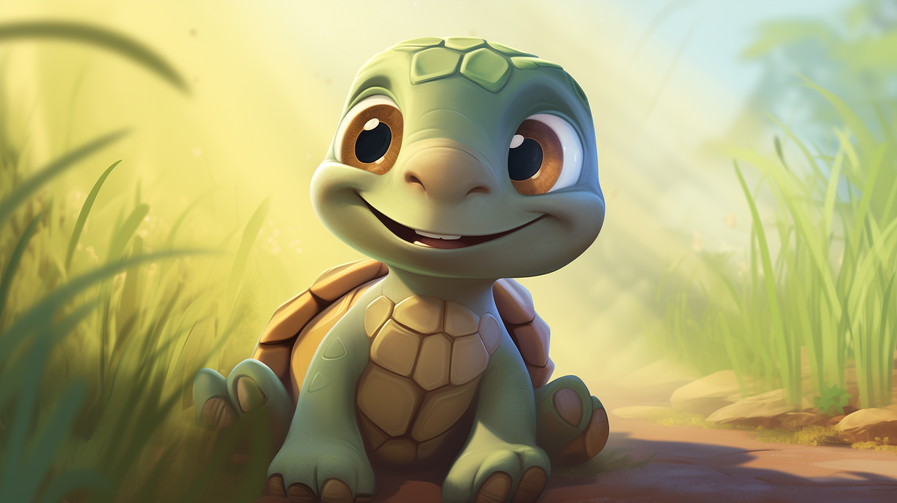 Cute animated turtle smiling in sunlit background for HD desktop wallpaper.