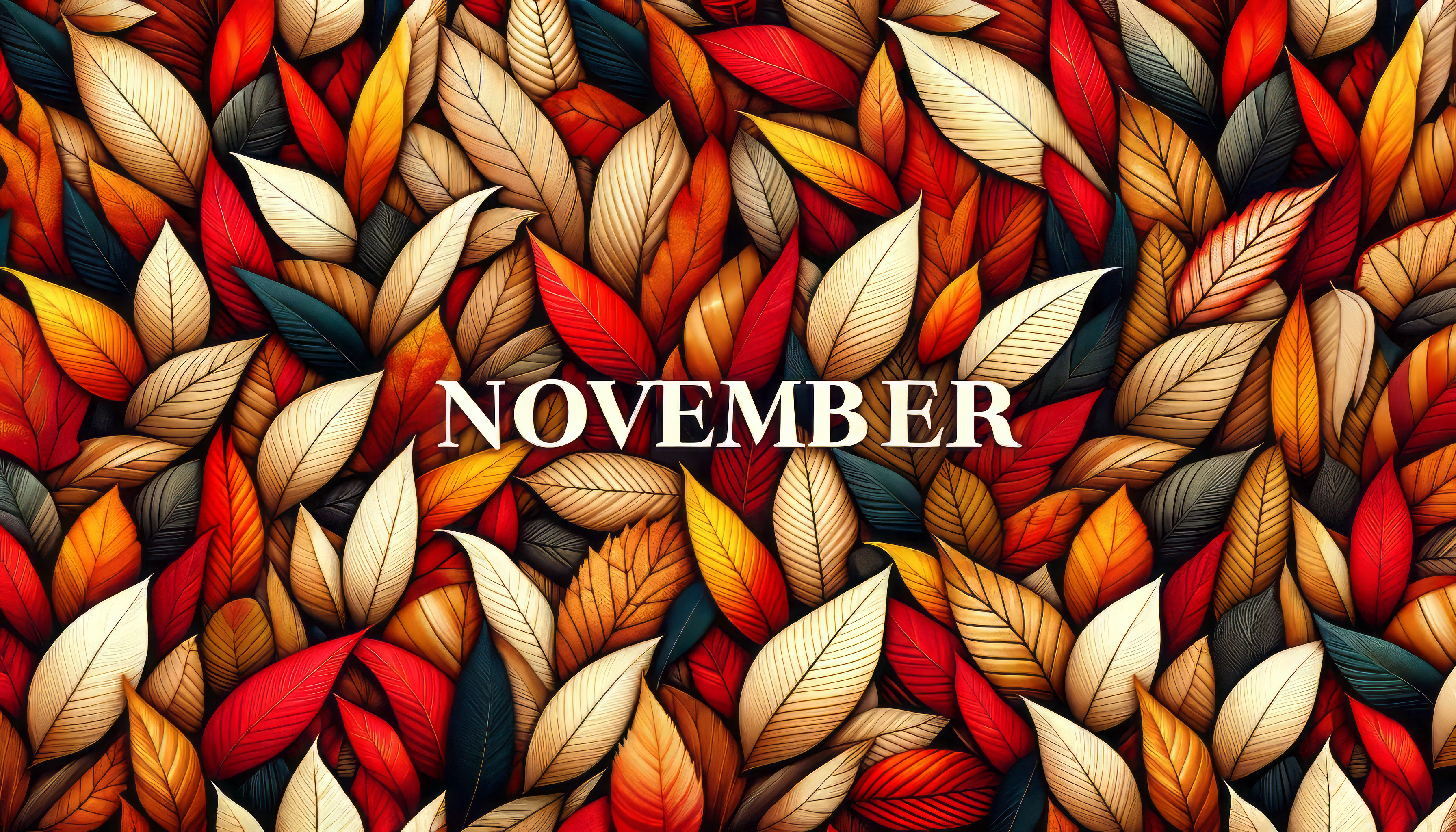 Colorful autumn leaves pattern with the word 'November' for HD desktop wallpaper background.