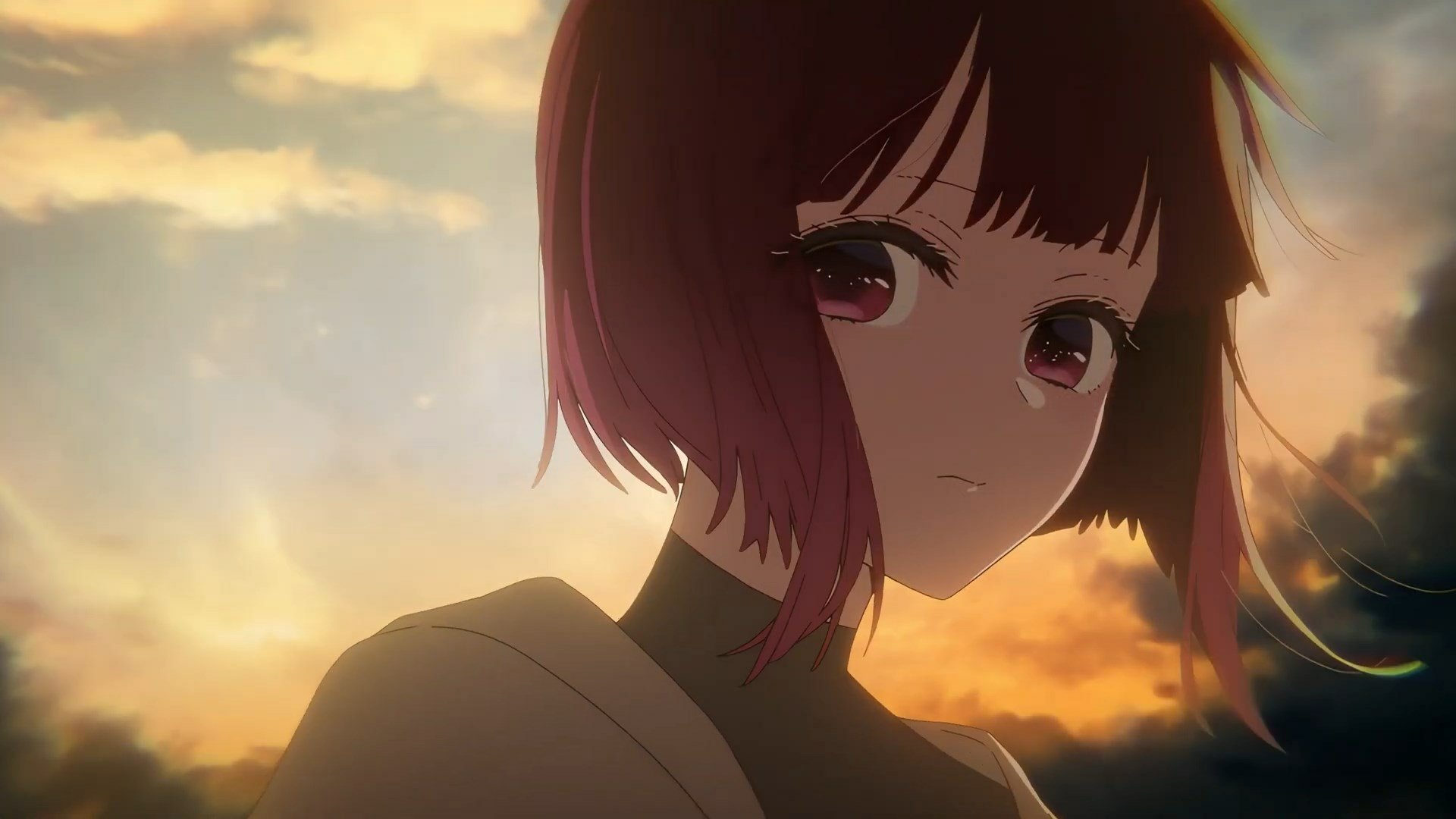 HD anime wallpaper of a character from Oshi no Ko against a warm, glowing sunset sky, designed for PC desktop backgrounds.