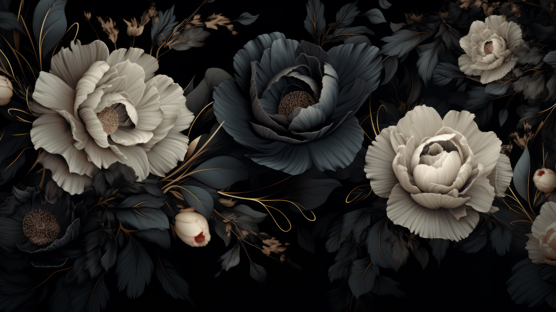 Artistic HD desktop wallpaper featuring an elegant black aesthetic with beautifully detailed flowers in muted tones.