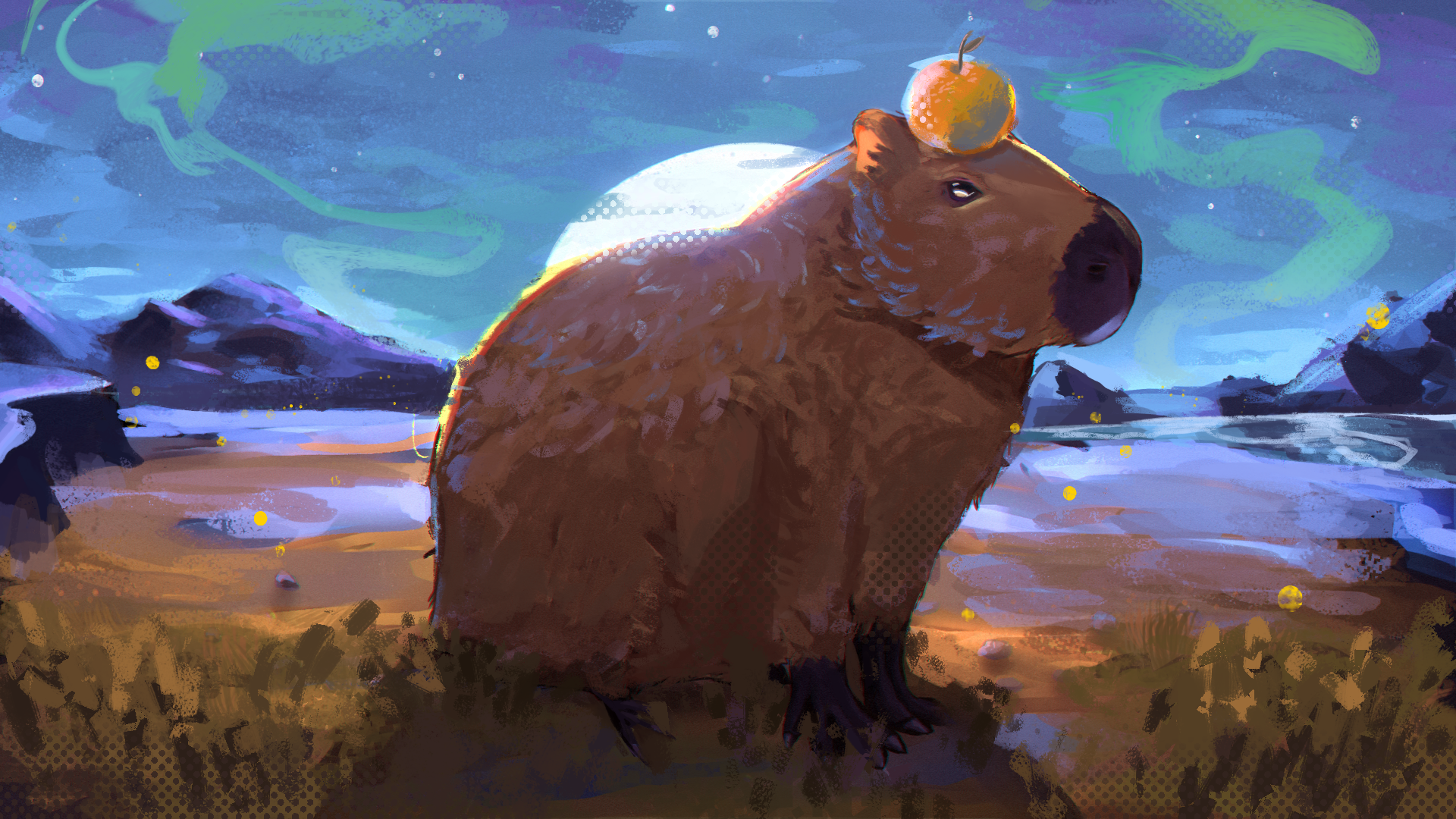HD desktop wallpaper depicting a capybara sitting under moonlight with mountains and vibrant aurora borealis in the background.