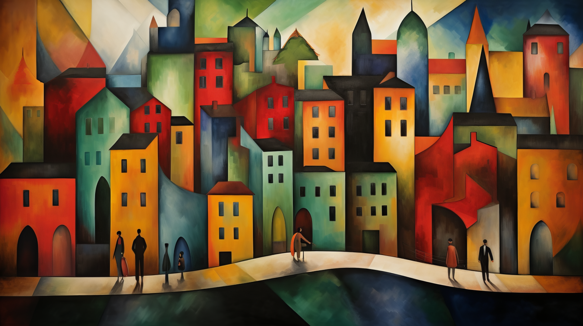 Expressionist painting of colorful, abstract cityscape for HD desktop wallpaper and background.