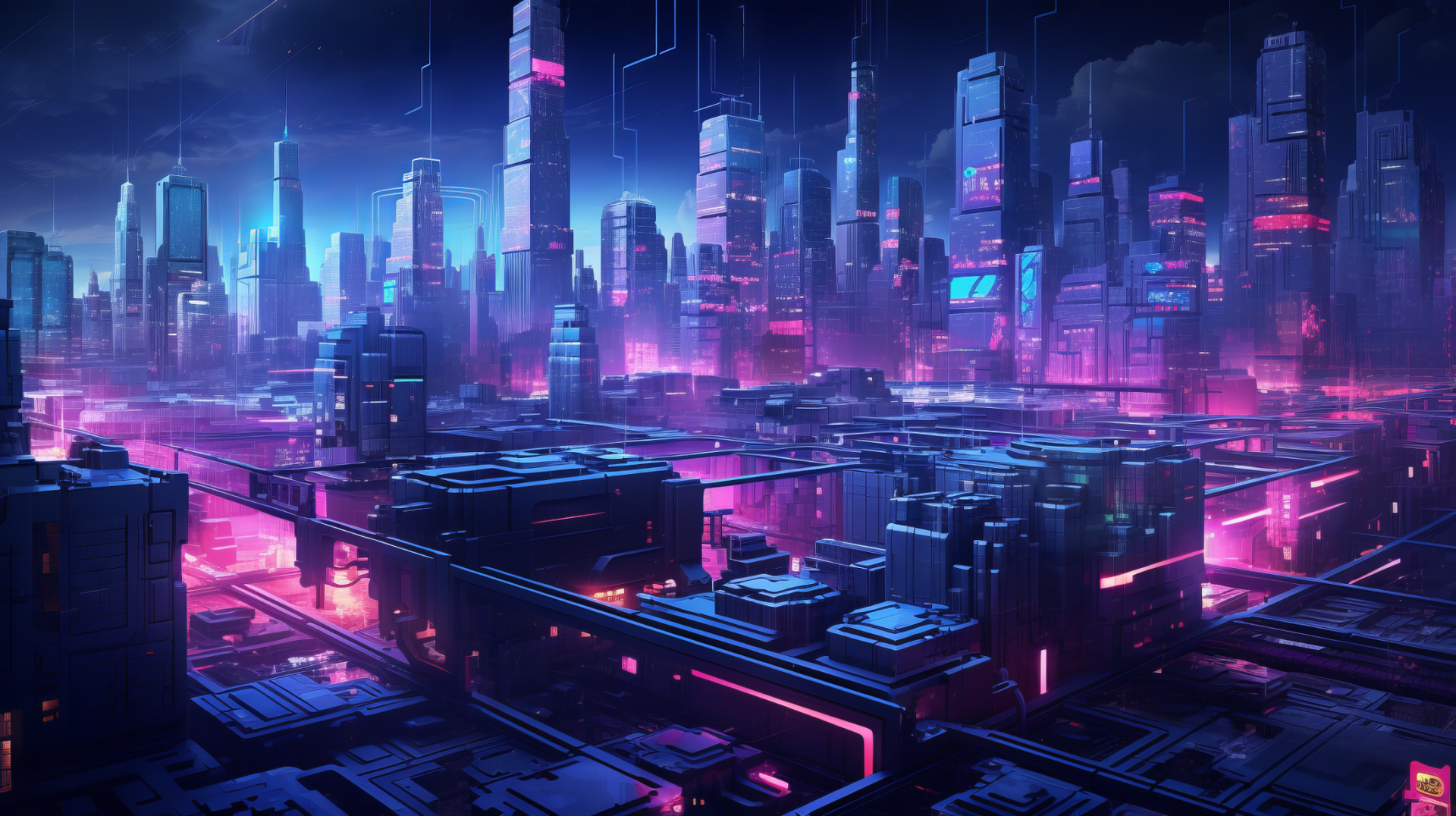 HD Wallpaper of a neon-lit cyberpunk cityscape at night for desktop background.