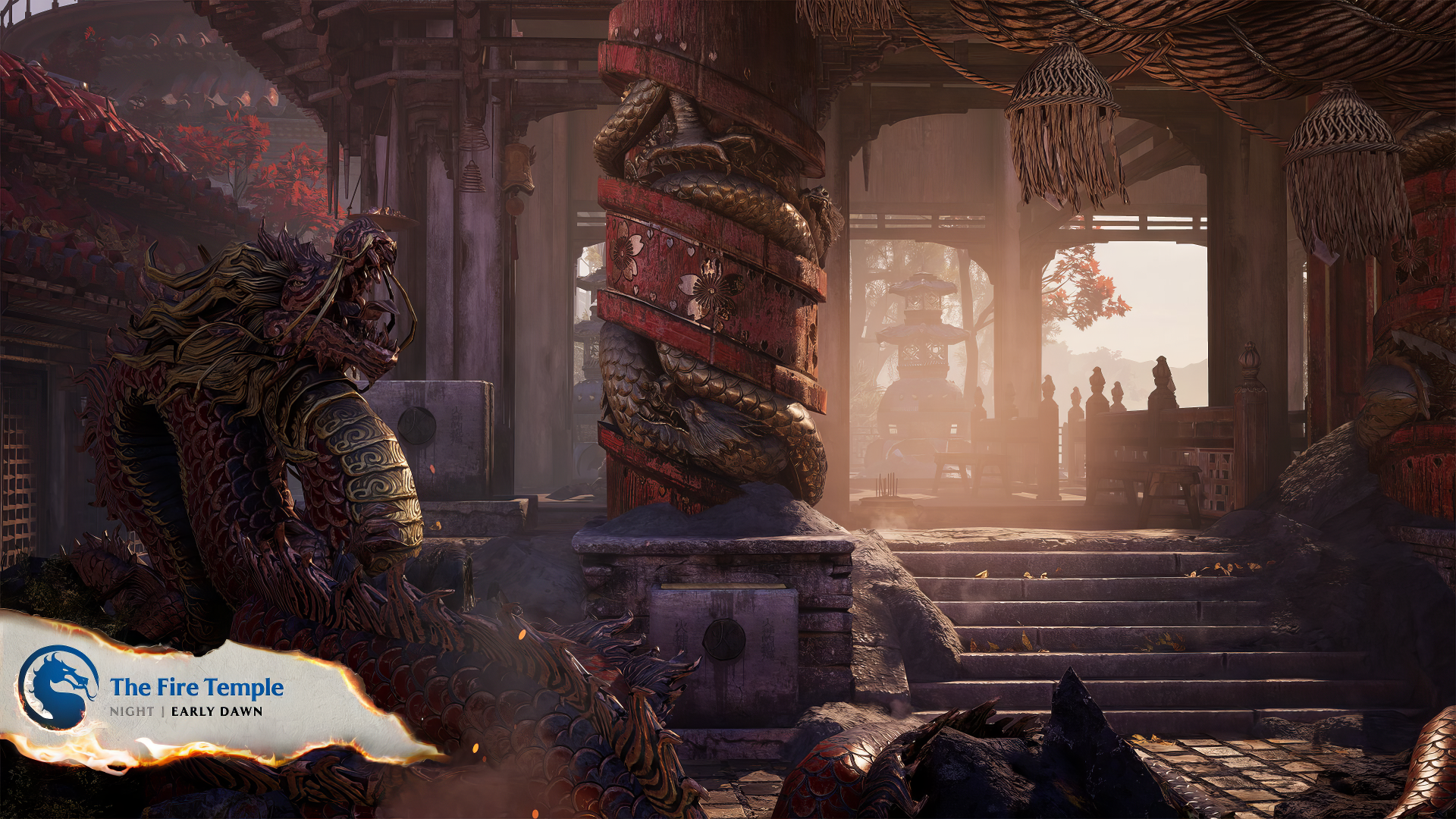 HD desktop wallpaper from Mortal Kombat featuring The Fire Temple scene with intricate dragon architecture and atmospheric lighting.