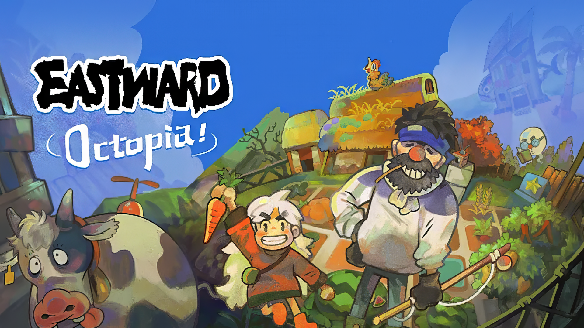 HD desktop wallpaper of Eastward: Octopia, featuring a whimsical illustration with two characters and a cow in a vibrant, cartoony village setting.